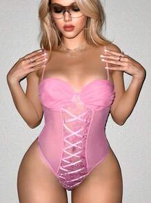 SHEIN ICON 前繫帶網紗吊帶連體衣 - 粉色 - 查看 4