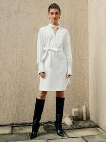 Anewsta Keyhole Neckline Drop Shoulder Belted Dress