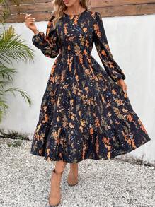 SHEIN VCAY Váy xếp nếp tay đèn lồng họa tiết hoa - màu đen - Xem 3
