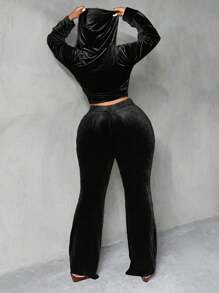 Slaydiva Của phụ nữ Màu thuần áo có mũ Dây rút Dây kéo Áo khoác Và Quần Bộ - màu đen - Xem 2