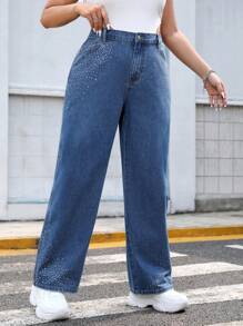 SHEIN EZwear Jeans De Pierna Recta De Talle Alto Para Talla Grande Con Detalle De Pedrería - Lavado ligero - Ver 6