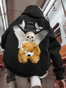 Manfinity EMRG 男士帶骷髏和卡通熊印花帽衫 - 黑色 - 查看 3