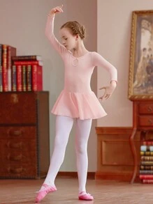 女孩芭蕾舞連身衣長袖舞蹈裙式芭蕾裝練舞服裝 - 藕粉色 - 查看 5