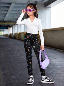 SHEIN 少女反光星星&蝴蝶印花紙巾緊身褲 - 黑色 - 查看 5