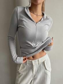 DAZY Của phụ nữ Dây kéo mặt trước Áo thun - Xám - Xem 5