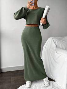 EURMUSE 2pcs/set Solid Color Lantern Sleeve T-shirt And Skirt - Olive Green - View 1