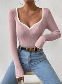 RosyDaze 撞色包边心形领毛衣，长袖针织套头衫，秋冬毛衣 - 藕粉色 - 查看 4