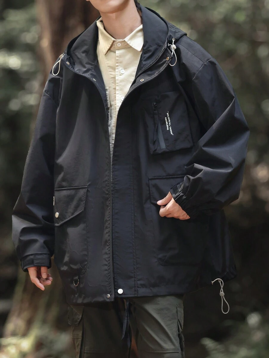 Chaqueta Con Capucha De Manga Larga Para Hombres Con Bolsillos - Negro - Ver 1