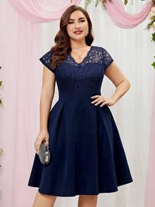 MIUSOL Plus Contrast Floral Lace Panel Flared Hem Cocktail Party Swing Dress - Navy Blue - View 3