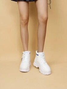 秋冬厚底增高靴時尚休閒白色女運動鞋百搭短靴及踝靴 - 白色 - 查看 2