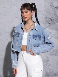 SHEIN PETITE Women'S Frayed Edge Cargo Pockets Denim Jacket - Light Wash - View 5