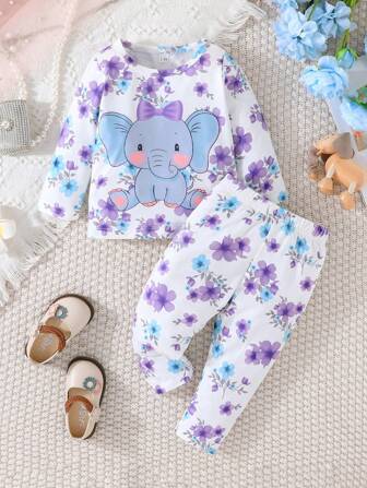 Baby Mädchen Frühlings- Und Herbst Langärmelige Beiläufige Outfit Mit Elefanten Druck