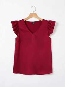 SHEIN Clasi Elegant Plus Size Shirt With Ruffle Detail And V-neckline - Burgundy - View 5