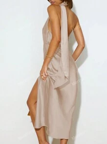 Fashionable Sleeveless Satin Solid Color Fitted Midi Dress, Elegant & Versatile