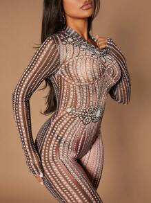 SHEIN SXY Allover Print Mock Neck Unitard Jumpsuit Without Belt - Multicolor - View 6