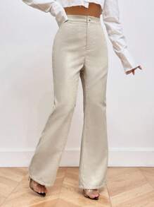 SHEIN Privé Solid Color High Waisted Corduroy Flare Pants - Khaki - View 3