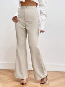 SHEIN Privé Solid Color High Waisted Corduroy Flare Pants - Khaki - View 5