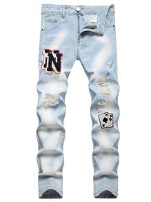 Men's Ripped Plus Size Slim Fit Straight Leg Jeans - Light Wash - View 1