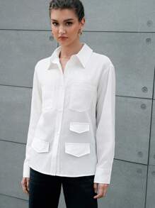 Anewsta Camisa De Color Sólido Con Parche Y Bolsillo - Blanco - Ver 5