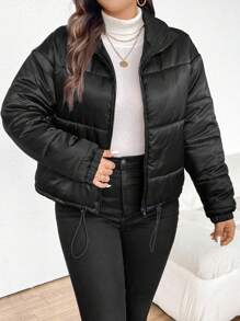 SHEIN Frenchy Plus Size Solid Color Padded Coat With Drawstring Hem - Black - View 1