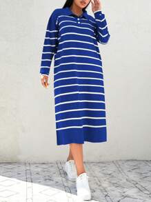 SHEIN Cottnline Plus Size Striped Pattern Polo Neck Sweater Dress - Royal Blue - View 5