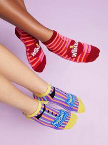 Willy Wonka and the Chocolate Factory X SHEIN 2 cặp Của phụ nữ Sọc Và In Tất mắt cá chân - Nhiều màu - Xem 5