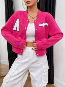 SHEIN Unity Áo khoác Raglan cài nút họa tiết chữ thường ngày dành cho nữ, mùa thu - Màu Hồng Tươi - Xem 1