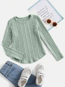 SHEIN 少女實色長袖圓領格子針織T恤，適用於秋冬季 - 薄荷綠 - 查看 1