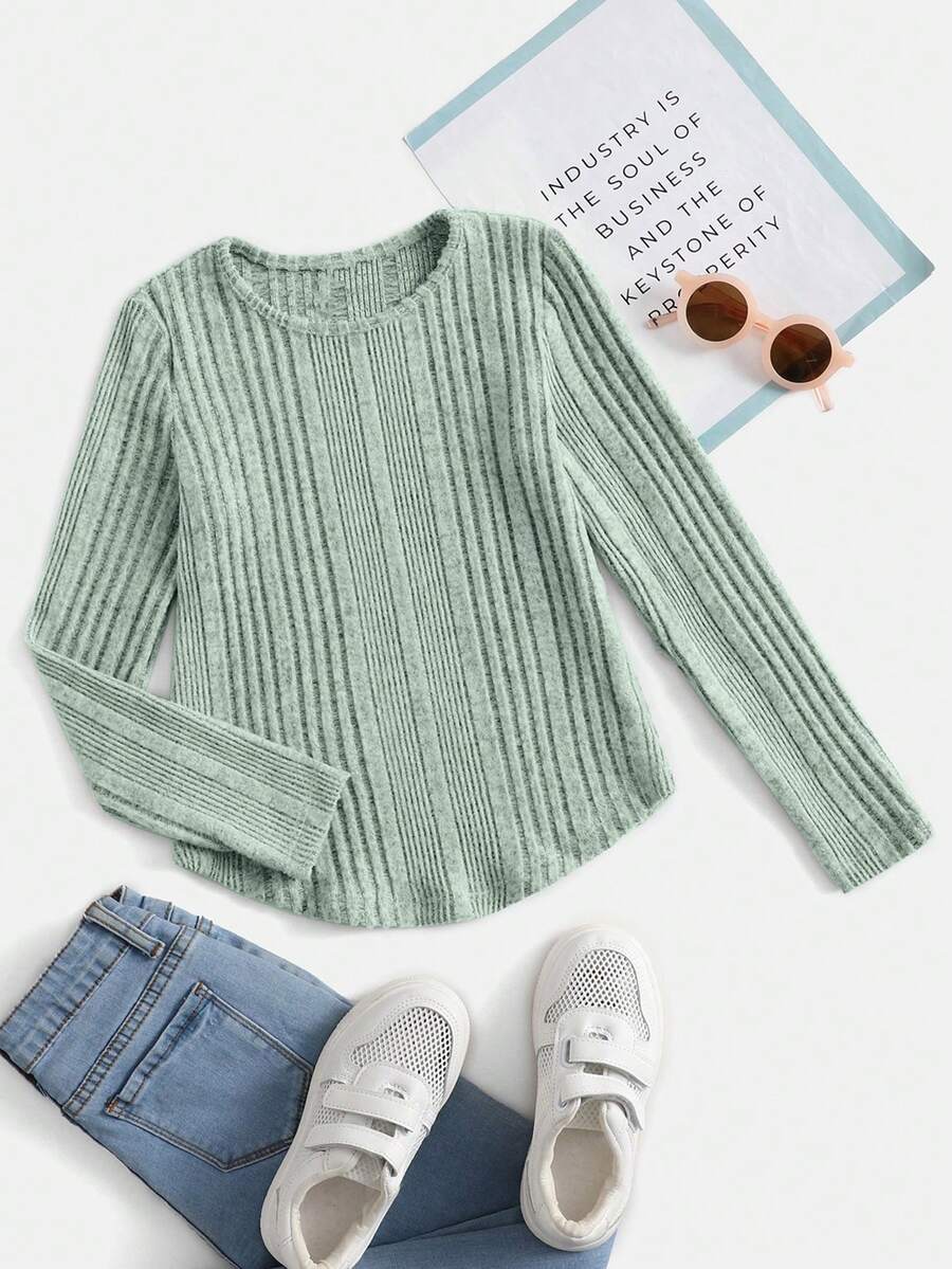 SHEIN 少女實色長袖圓領格子針織T恤，適用於秋冬季 - 薄荷綠 - 查看 1