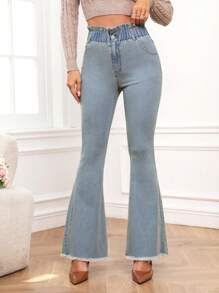 SHEIN Frenchy Women's Flared Jeans With Raw Hem - Dusty Blue - View 4