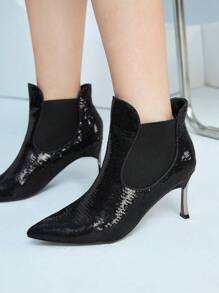 SheIn BIZ Fashionable Low Heeled Beaded Embroidery Ankle Boots - Black - View 3
