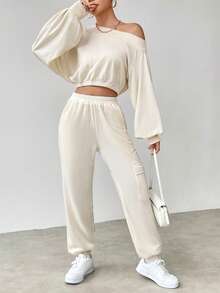 Chiquease 女性不對稱領口運動衫套裝 - 杏色 - 查看 4