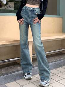 Vintage High Waisted Blue Denim Boot Cut Pants For Slimming - Blue - View 3