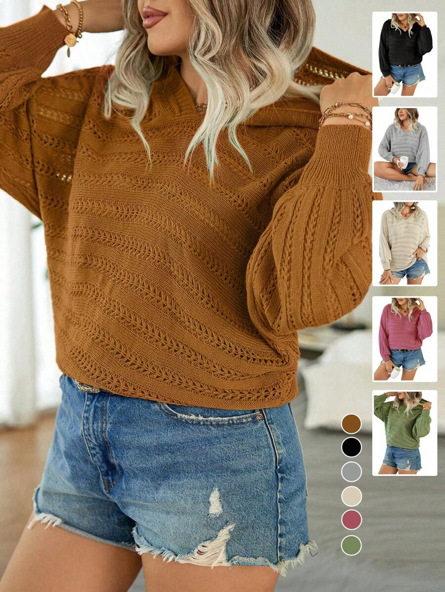 Calvaya 女款鏤空純色大尺碼毛衣 - 棕色 - 查看 1