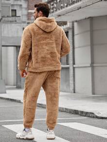 EASEVO Men Plus Letter Embroidery Kangaroo Pocket Teddy Hoodie & Pants - Khaki - View 2