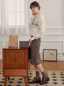 Simple Retro wool print button lapel neck sweater - Beige - View 7