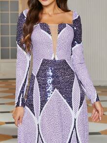 Missord Women's Elegant Colorblock Sequin Square Neck Formal Evening Gown - Purple - View 3