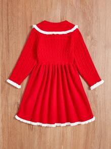 SHEIN Young Girl Contrast Trim Statement Collar Flounce Sleeve Sweater Dress - Red - View 2