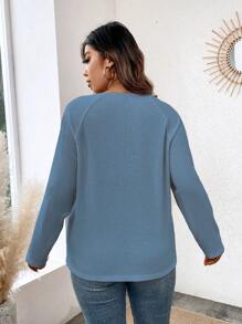 Calvaya Kích thước lớn Của phụ nữ Dây kéo Cái cổ Một nửa thân trước Tay Raglan Áo thun - Màu xanh lam - Xem 2