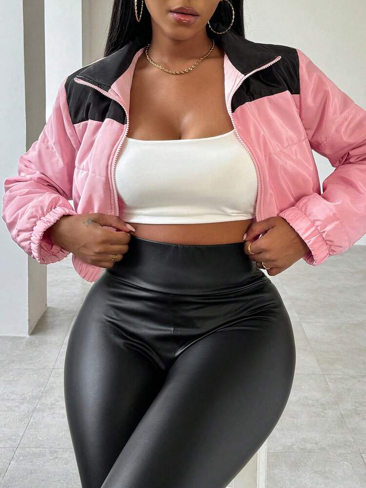 Two Tone Zip Up Crop Padded Coat Fall Cloth For Women