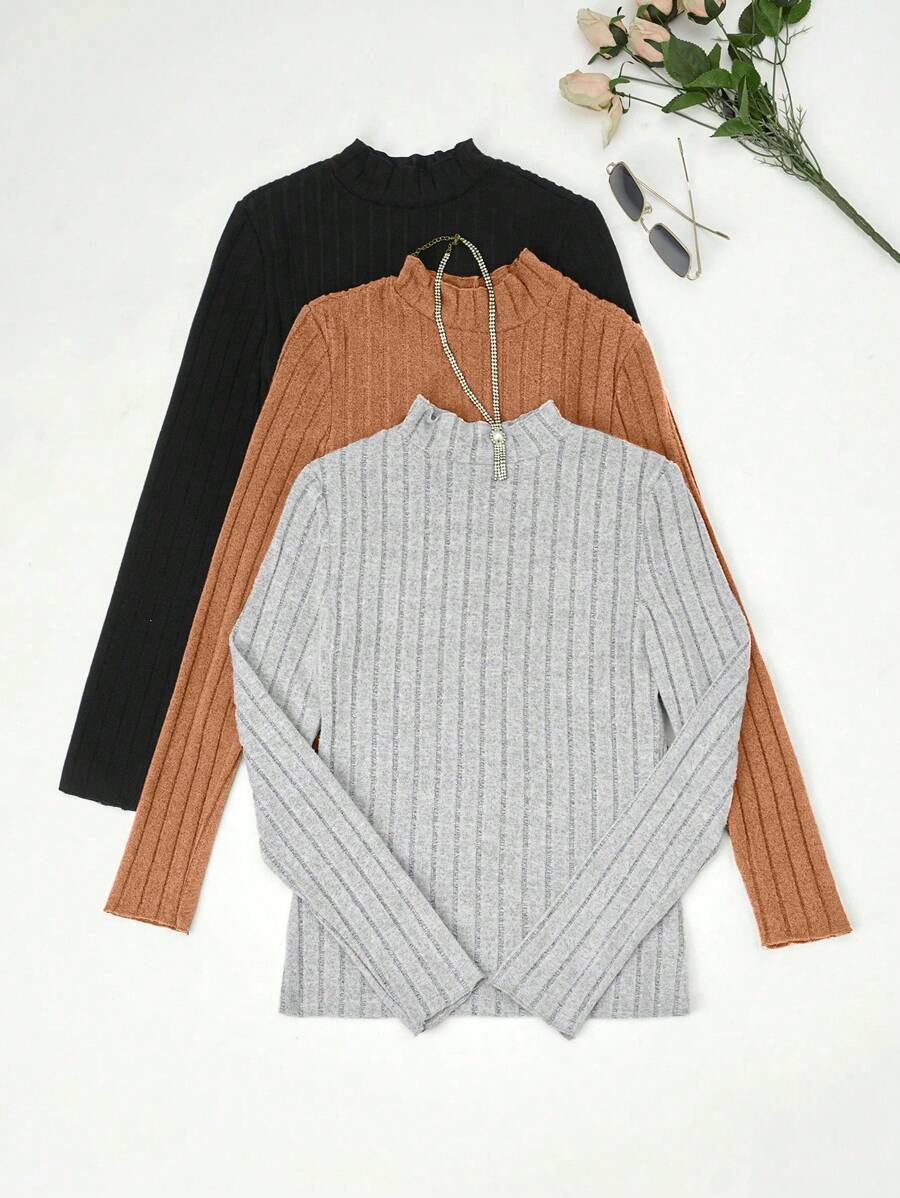 SHEIN LUNE 3pcs Cổ giả Đồ đan Ribbed Áo thun - Nhiều màu - Xem 1