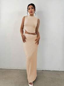 SHEIN Unity Twist Cropped Top And Skirt Two-piece Set - Apricot - View 1