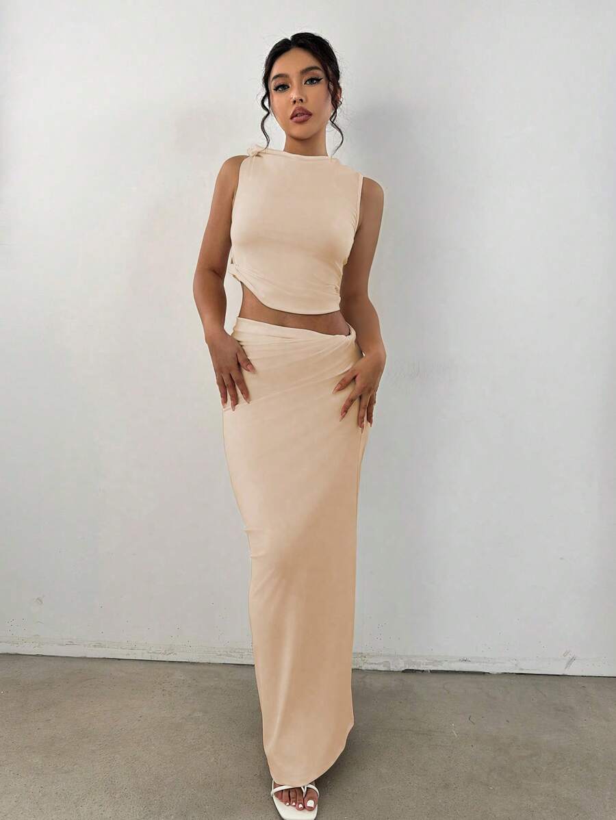 SHEIN Unity Twist Cropped Top And Skirt Two-piece Set - Apricot - View 1