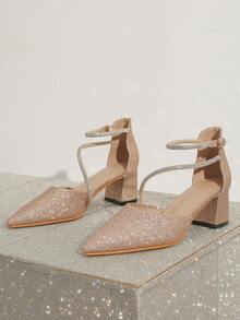 Chunky High Heel Pointed Toe Shoes, Rhinestone Decorated Elegant & Glamorous, Suitable For Parties, Formal Events & Daily Wear, Fashion Versatile Hollow-Out Design - Champagne - View 4