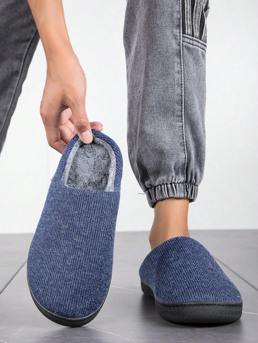男士家居拖鞋 冬季絨面保暖 情侶鞋 戶外防滑拖鞋 - 寶藍色 - 查看 1