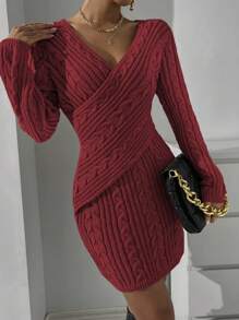 Chiquease 女款交叉領毛衣修身連身裙