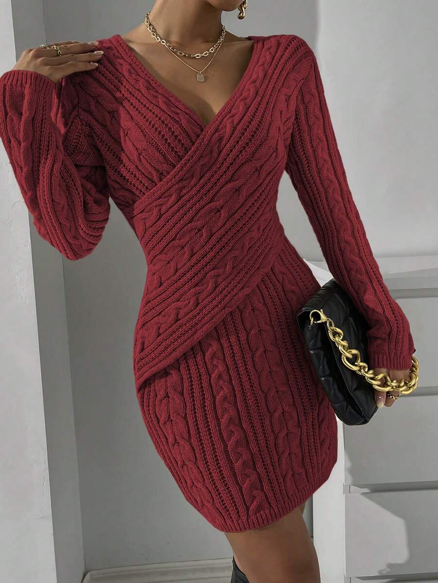 Chiquease 女款交叉領毛衣修身連身裙