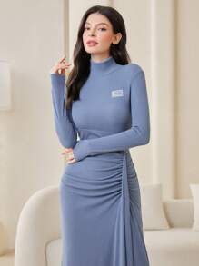 Mulvari 字母拼接細節聚集側裙洋裝 - 藍色 - 查看 2