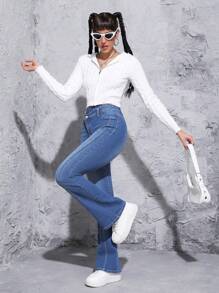 SHEIN EZwear Asymmetrical Waist Flare Leg Jeans - Medium Wash - View 4