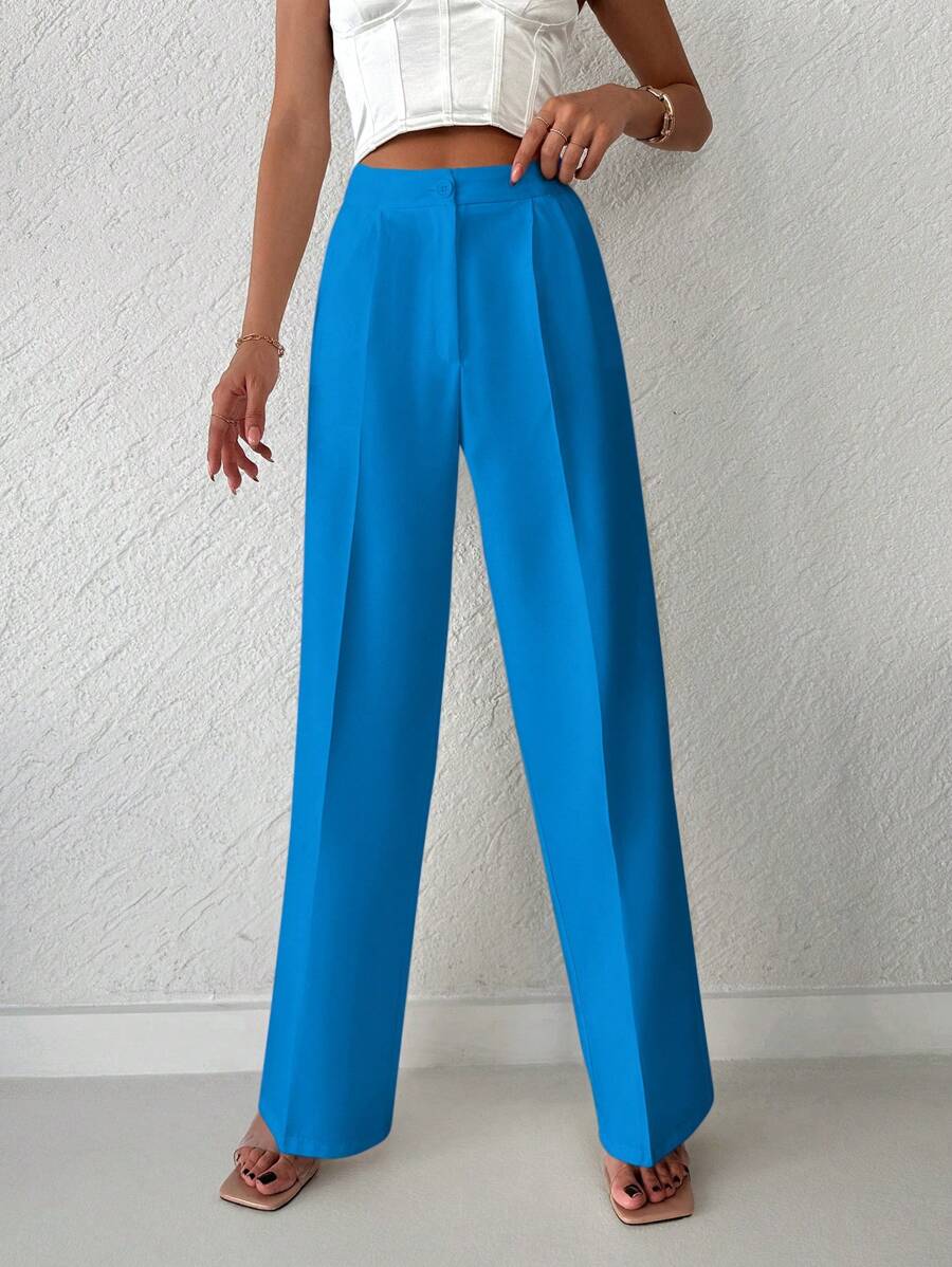 SHEIN Cottnline Women's Solid Color Loose Straight Pants - Blue - View 1
